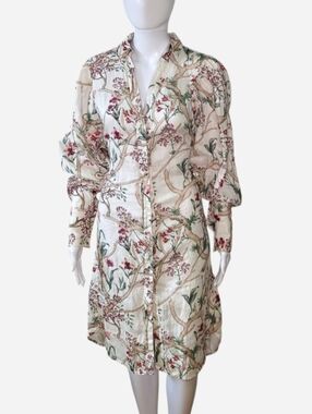 H&M x Johanna Ortiz collab cream red, green floral linen shirt dress with sash.